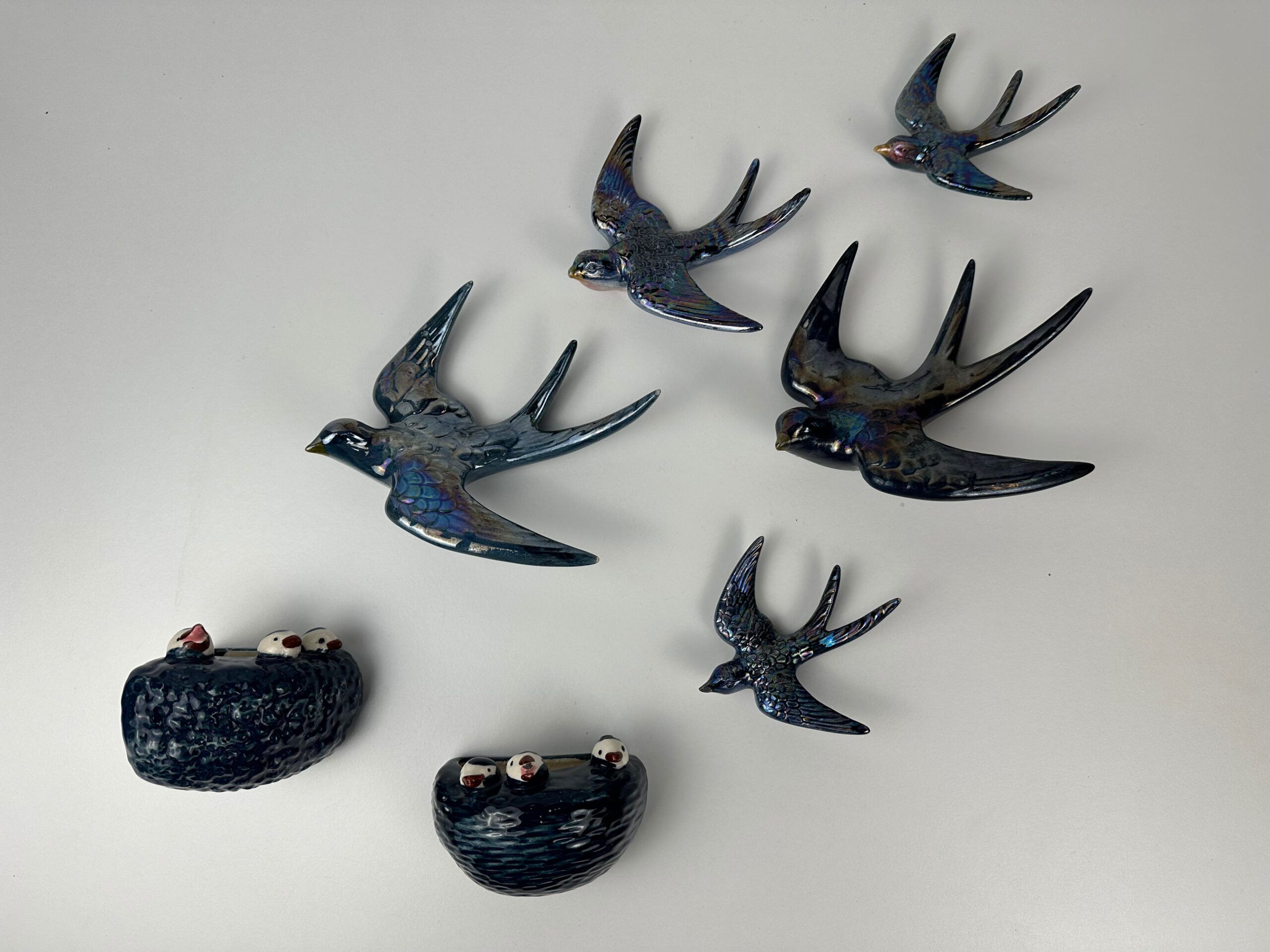 5x Original mid-century wall swallows and their nests (2x) – W. Germany