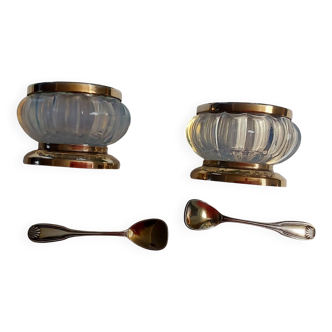 Pair of silver and opaline salt cellars 1950
