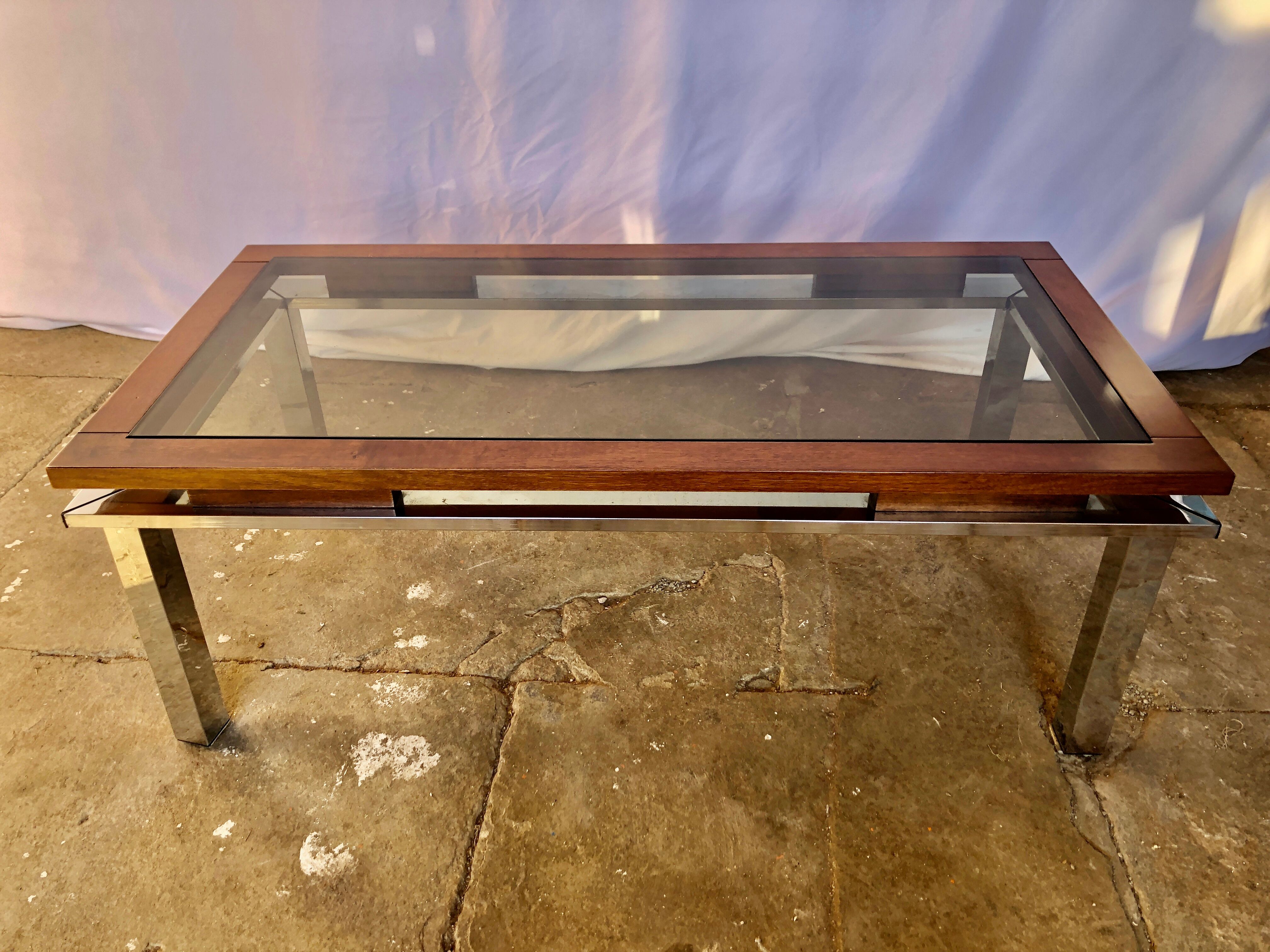 Table basse chrome bois et verre