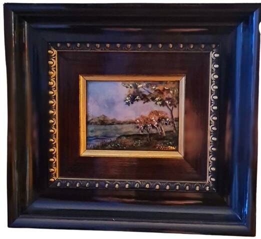 Original enamel painting, framed, signed EJ Guitard