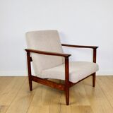 GFM-142 armchair, design by Edmund Homa from the 70s, beige boucle, dark wood - 2 pieces available