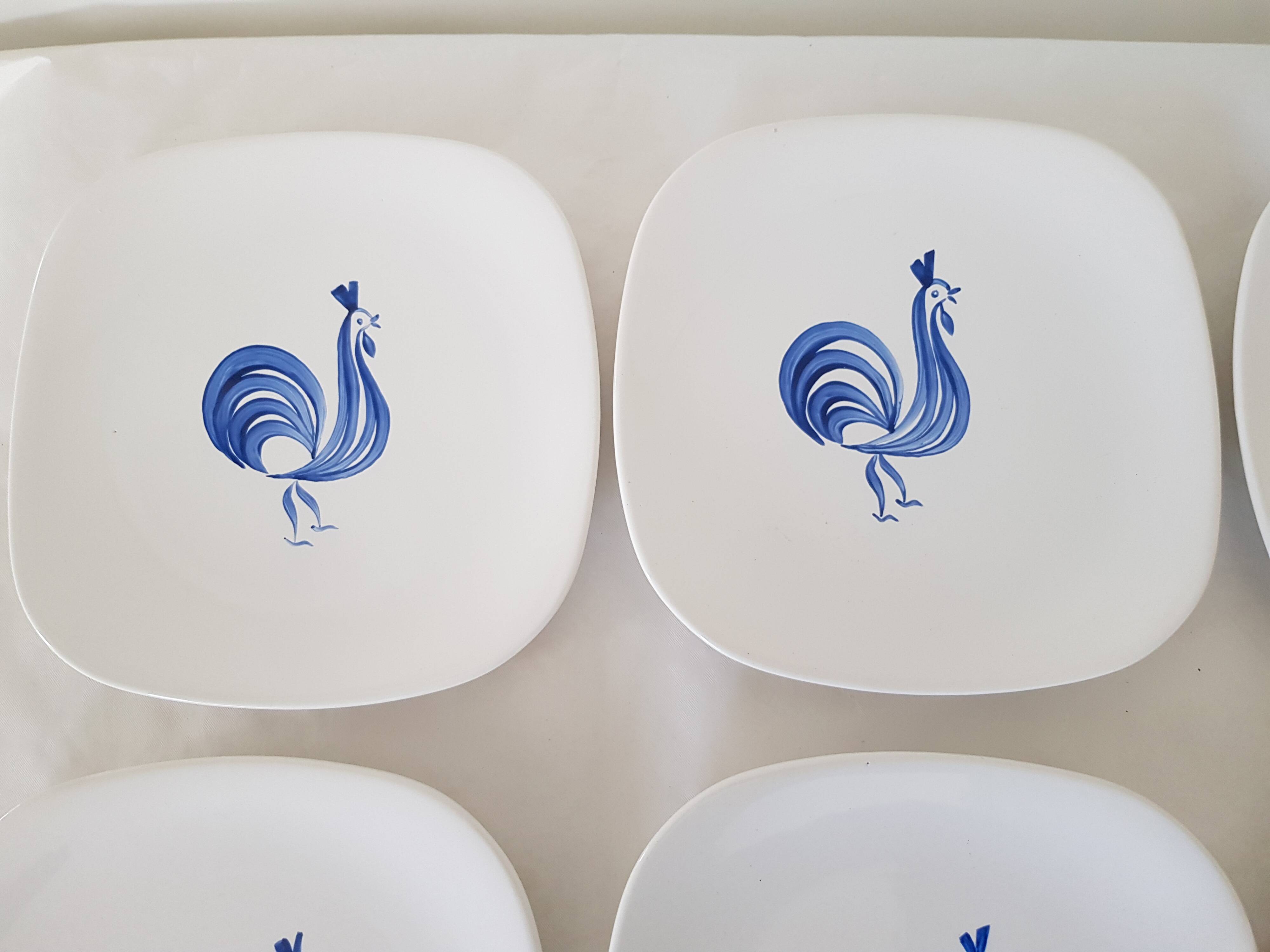 Set of 6 Longchamp dessert plates hand painted blue rooster