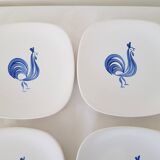 Set of 6 Longchamp dessert plates hand painted blue rooster