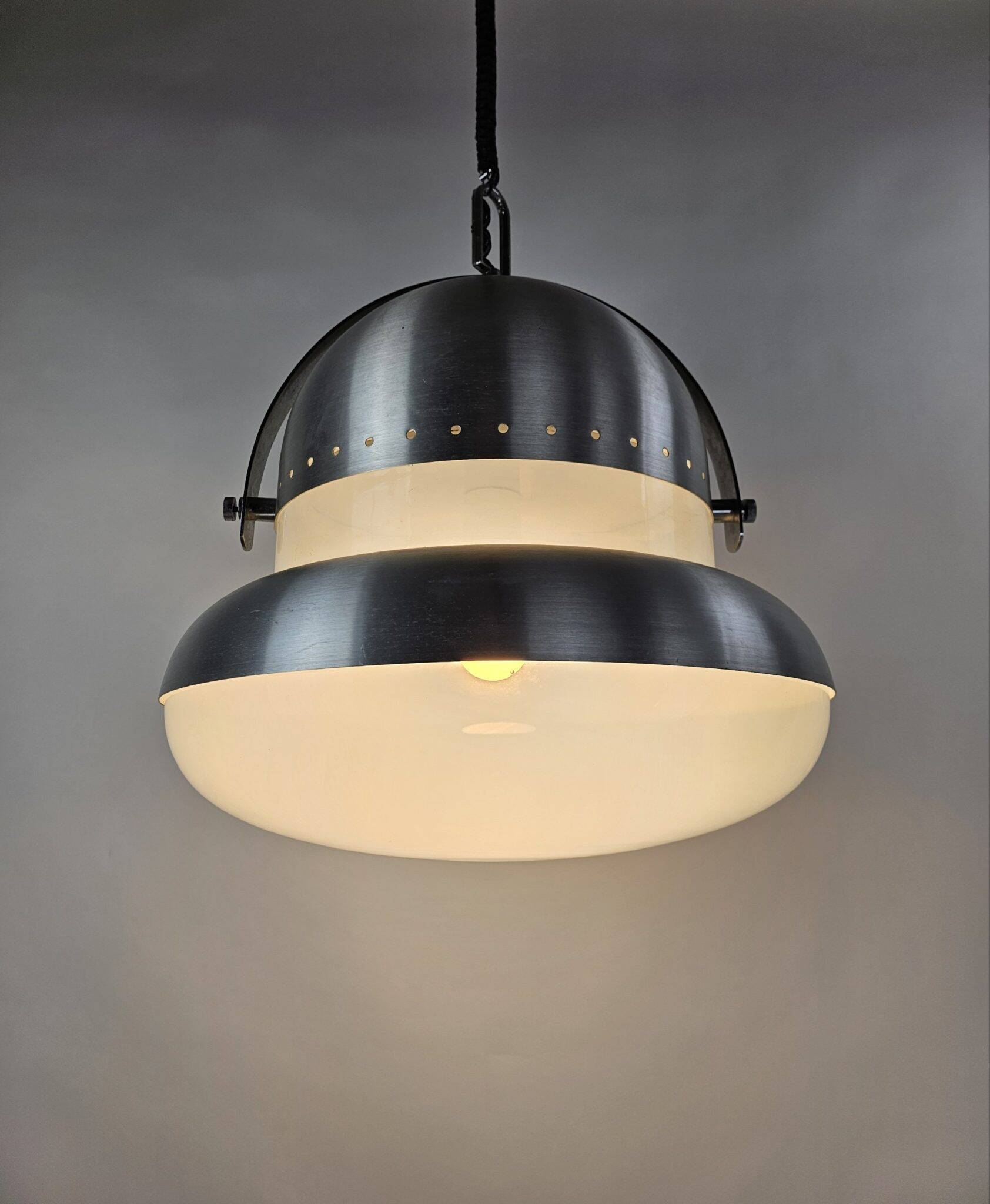Large pendant lamp in brushed metal and opaline glass, Italy 1970s