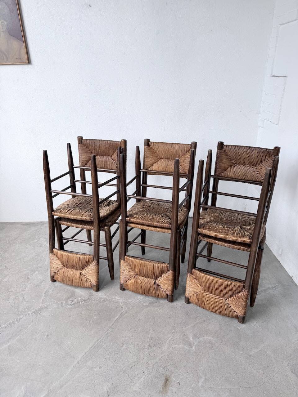Set of 6 straw and oak Beauche chairs.