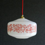 French suspension lamp in white opaline with red print pattern - comes with brass socket