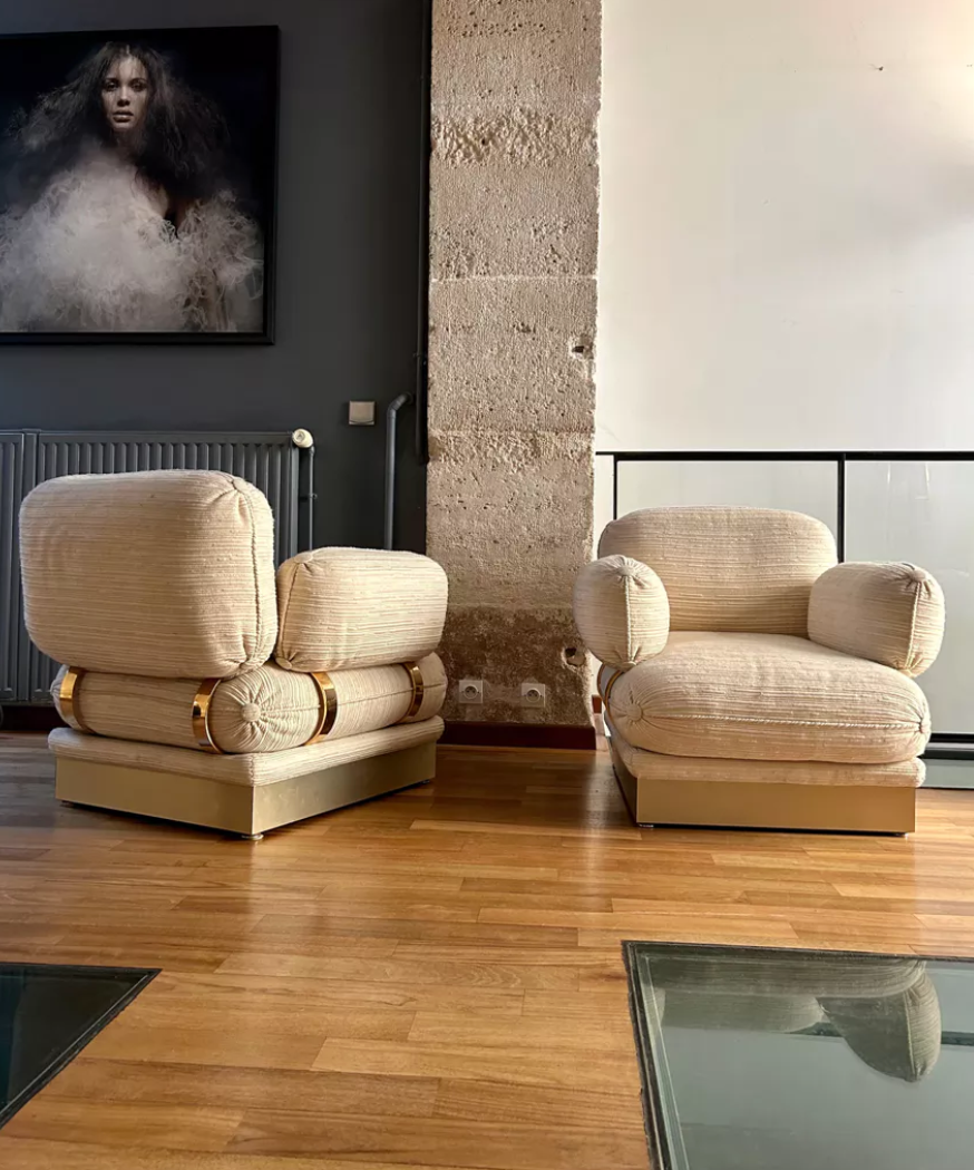 Pair of armchairs by Thibier in brass and wool France 1978
