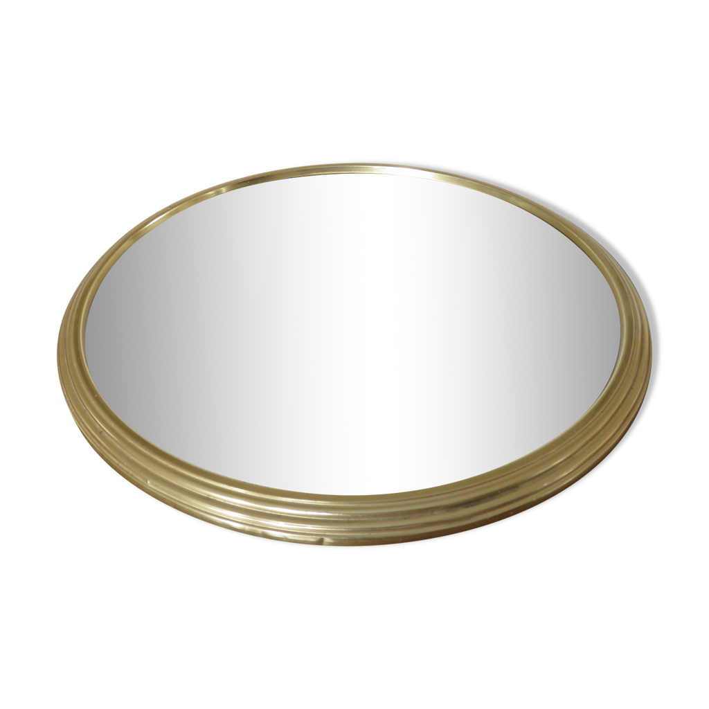 Plateau centre de table rond en métal doré et miroir, années 50