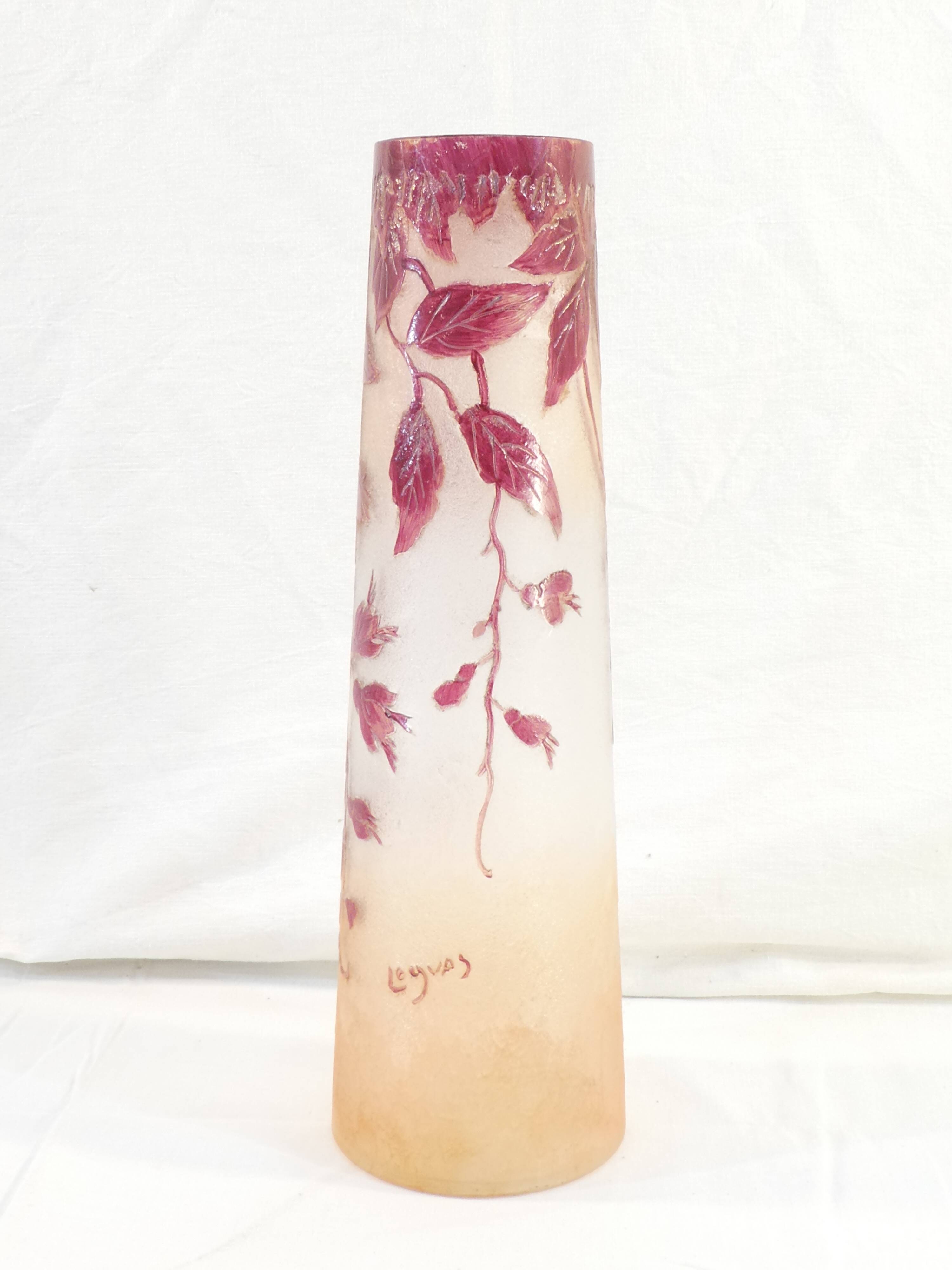 Legras vase ruby in frosted glass degagé with art nouveau acid