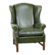 Fauteuil à oreilles Chesterfield anglais en cuir de vache vert avec une assise confortable