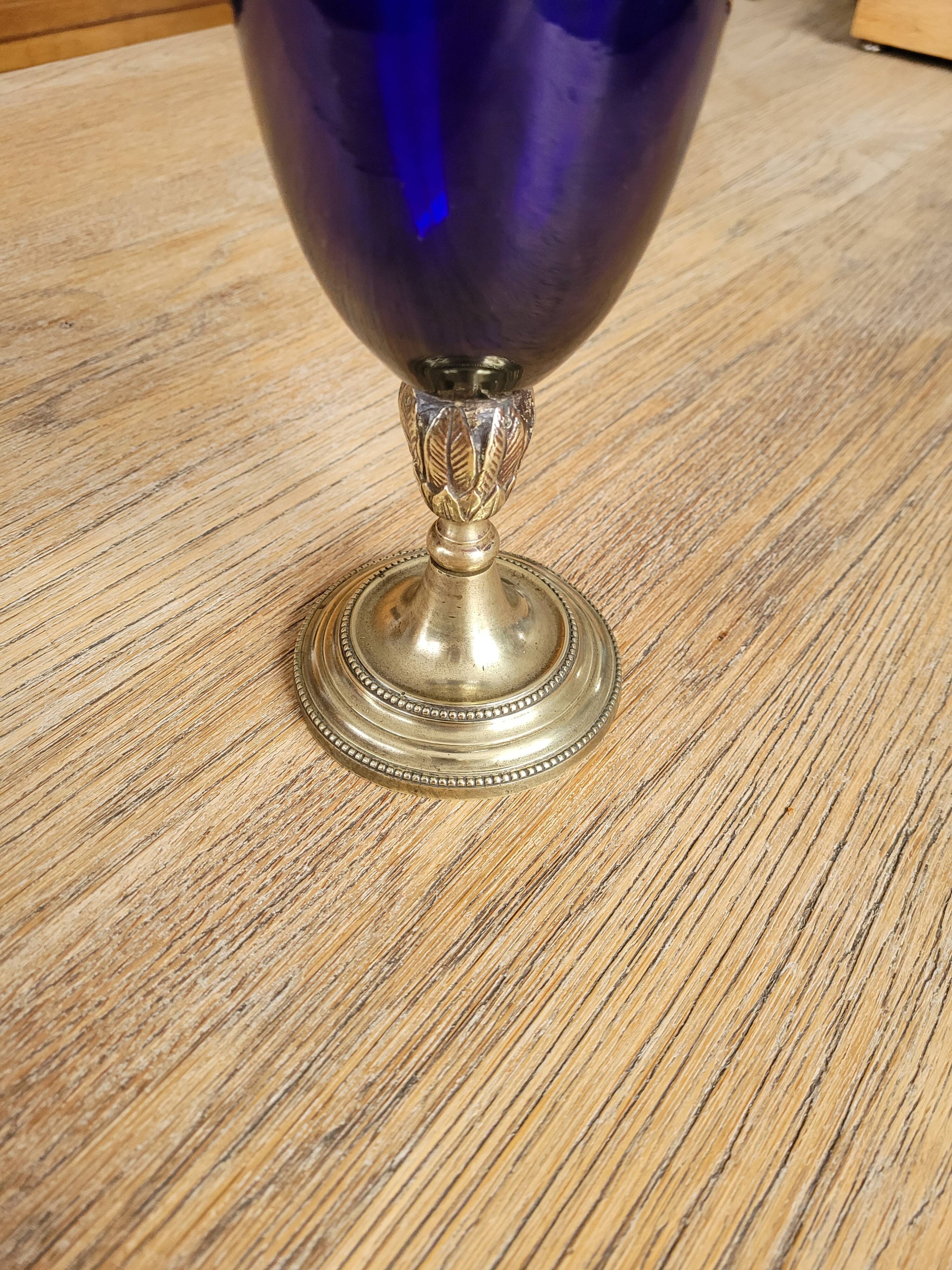 Blue vase, brass base early 20th century