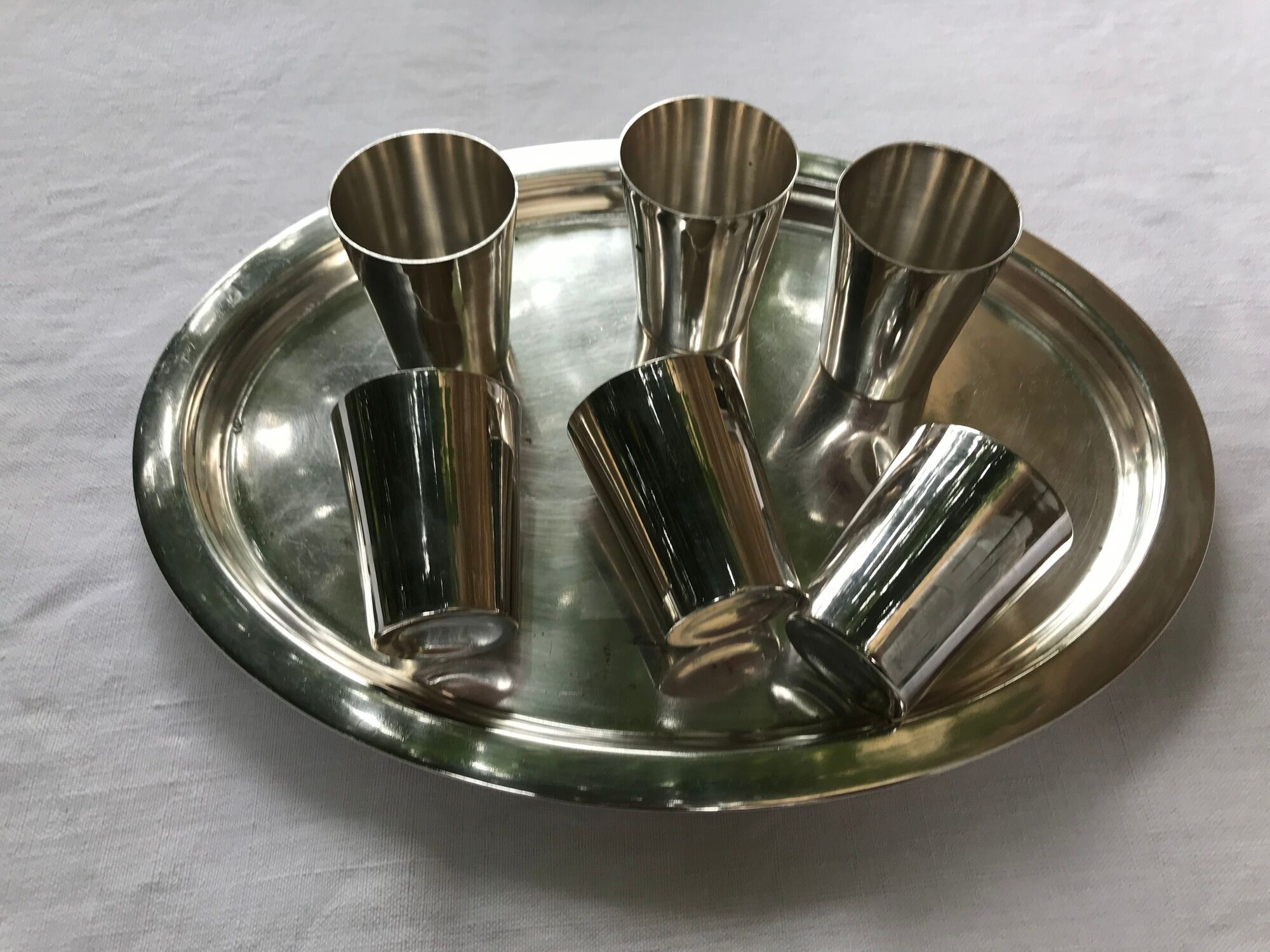 Silver Metal Liquor Service. tray and 6 cups