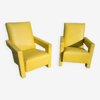 Pair of sunny yellow leather armchairs
