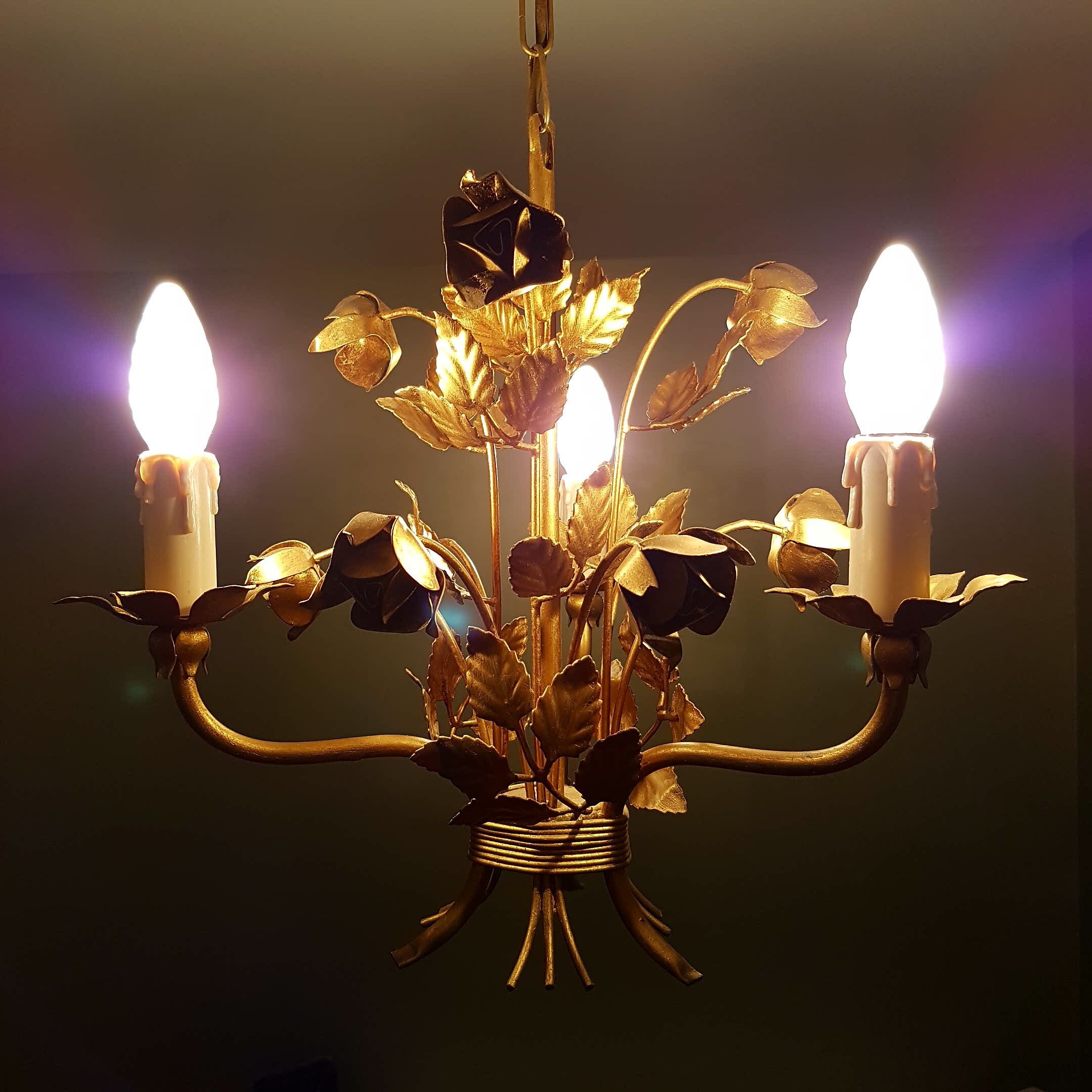 Lustre 3 feux doré décor de roses