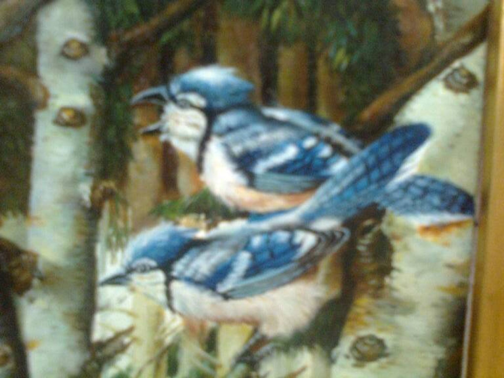 Peinture sur bois, cadre sculpté doré, image : oiseaux bleus / bouleaux en hiver