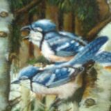 Painting on wood, gilded carved frame, image: blue birds / birches in winter