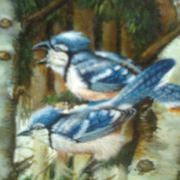 Peinture sur bois, cadre sculpté doré, image : oiseaux bleus / bouleaux en hiver