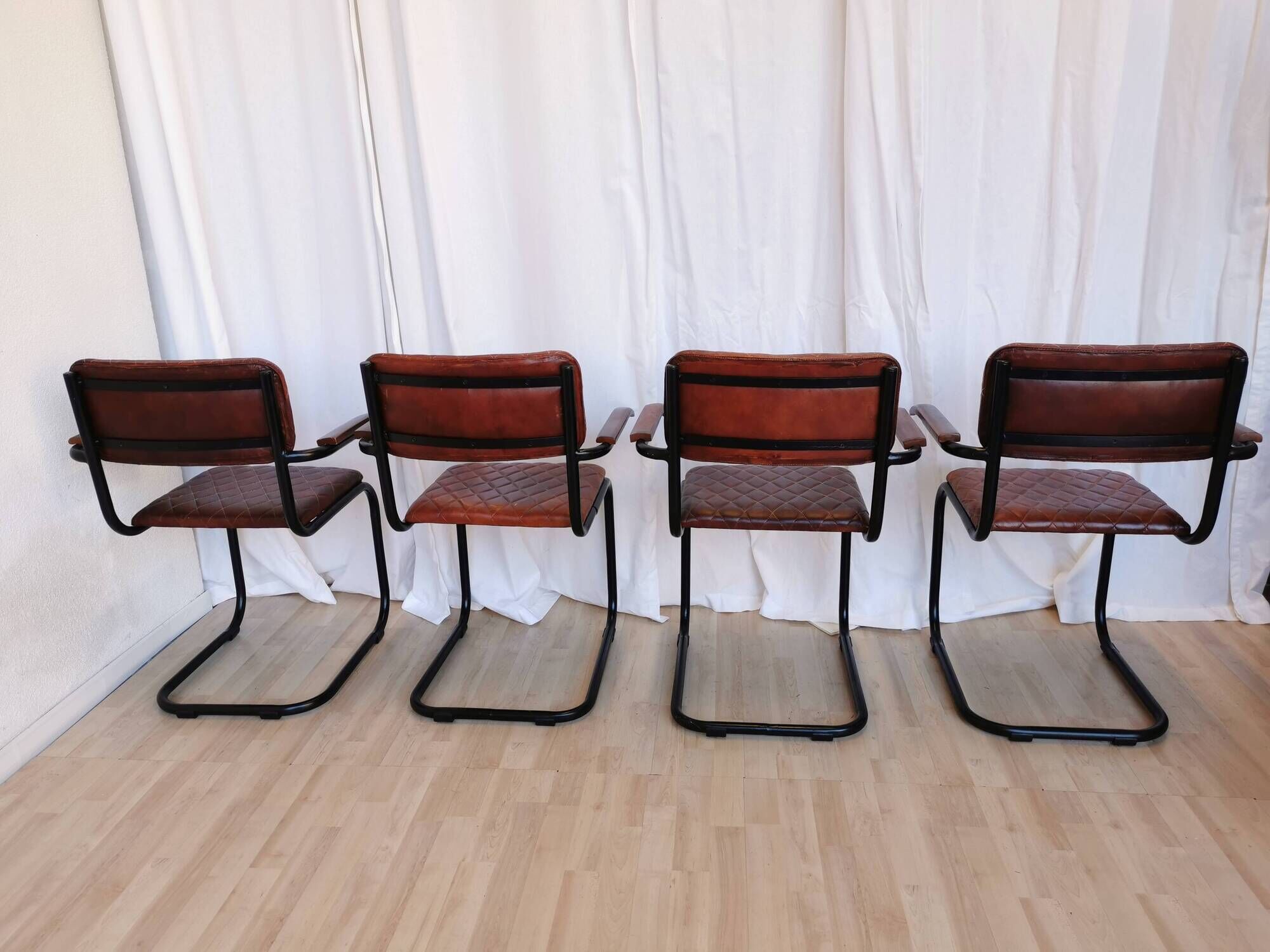 Set of 4 Vintage Quilted Leather Dining Chairs: Black Metal Base