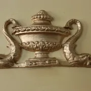 Louis XVI-style trumeau mirror with urn and dolphins – painted and gilded