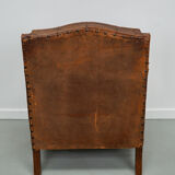 French cognac leather buttoned back club chair