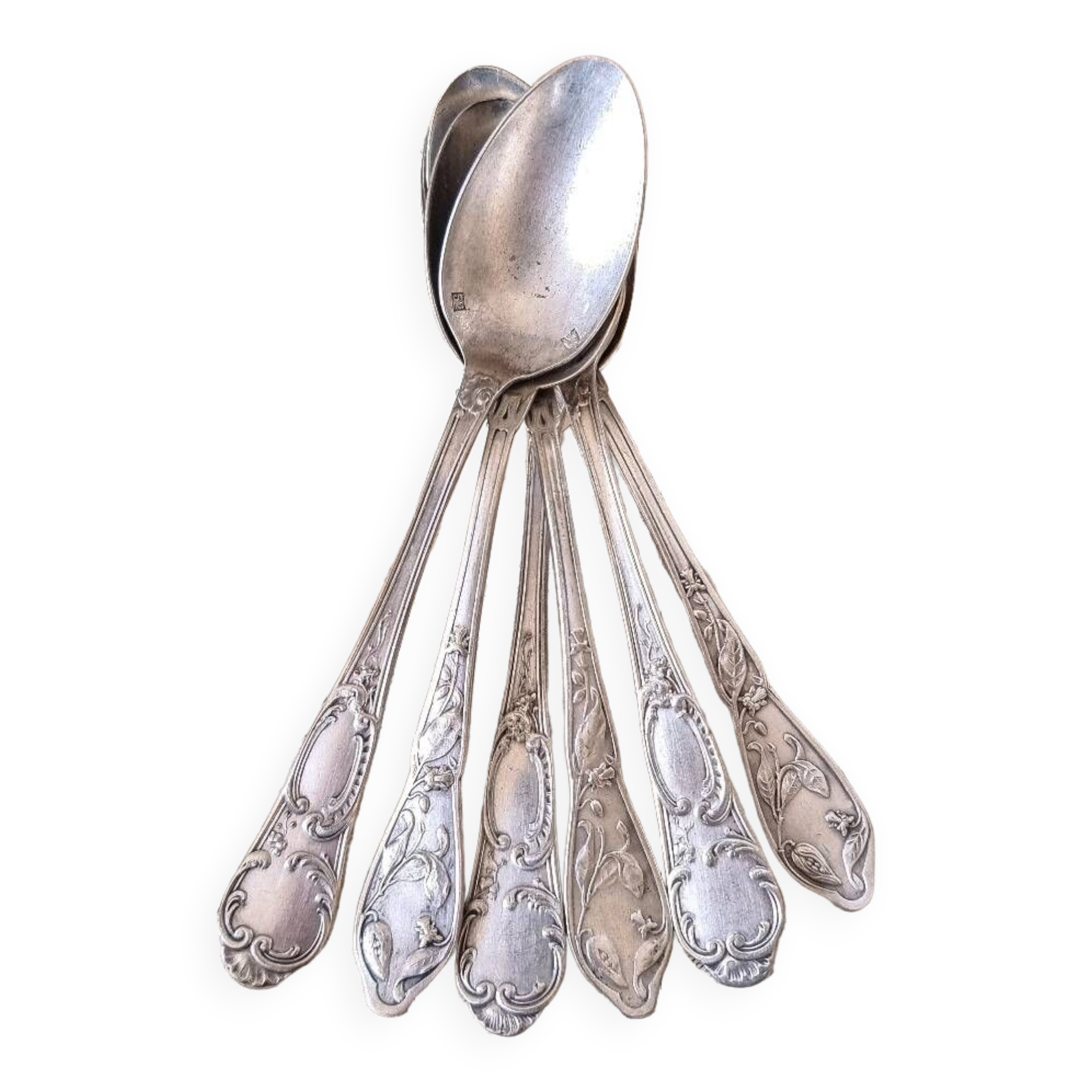 6 small spoons, silver metal 5gr, mix of 2 models, art nouveau style