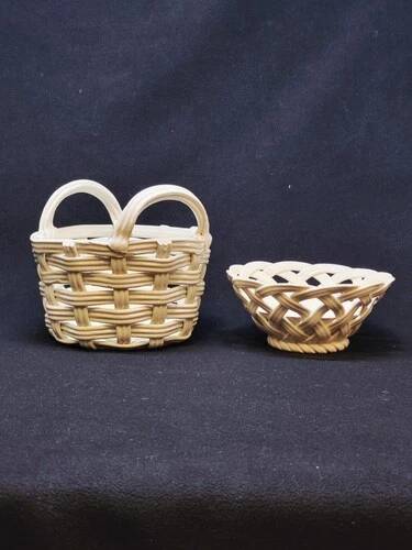 Set of Woven White Mediterranean Ceramics Basket + Bowl