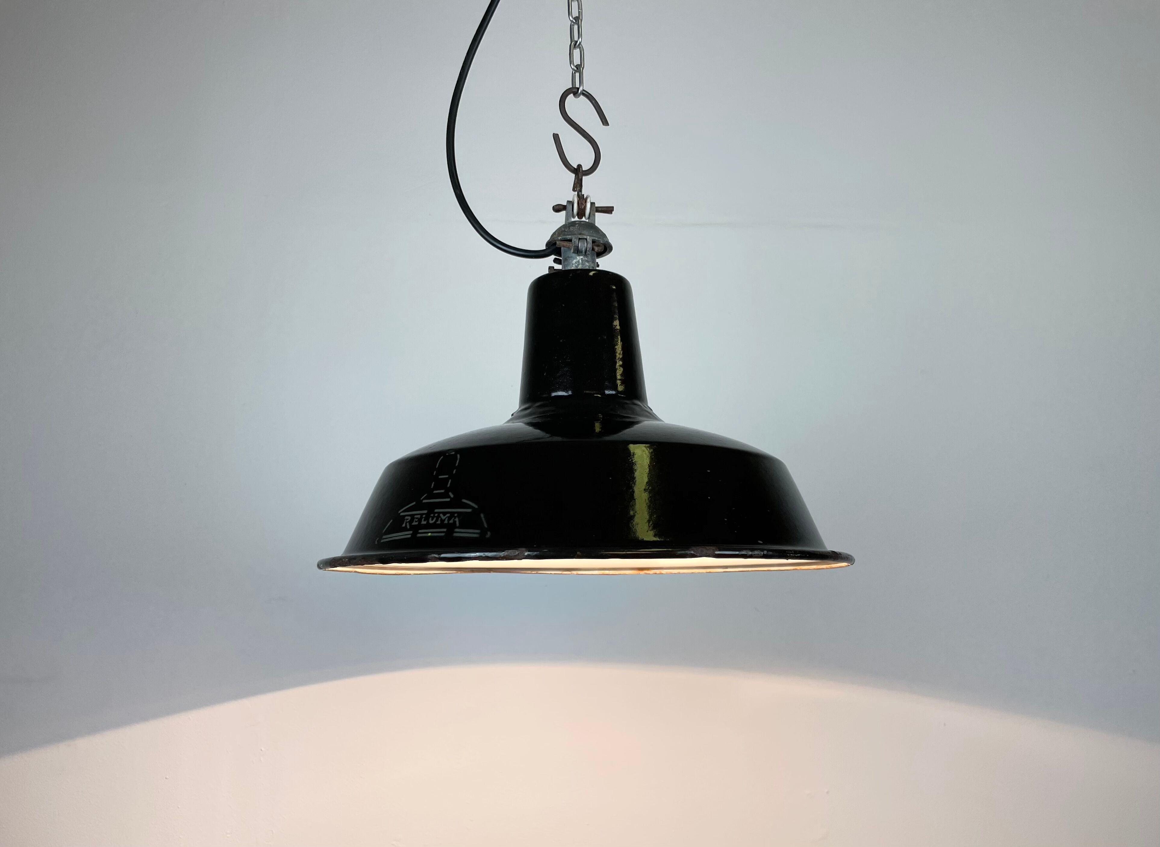 Industrial Black Enamel Hanging Lamp from Reluma, 1950s