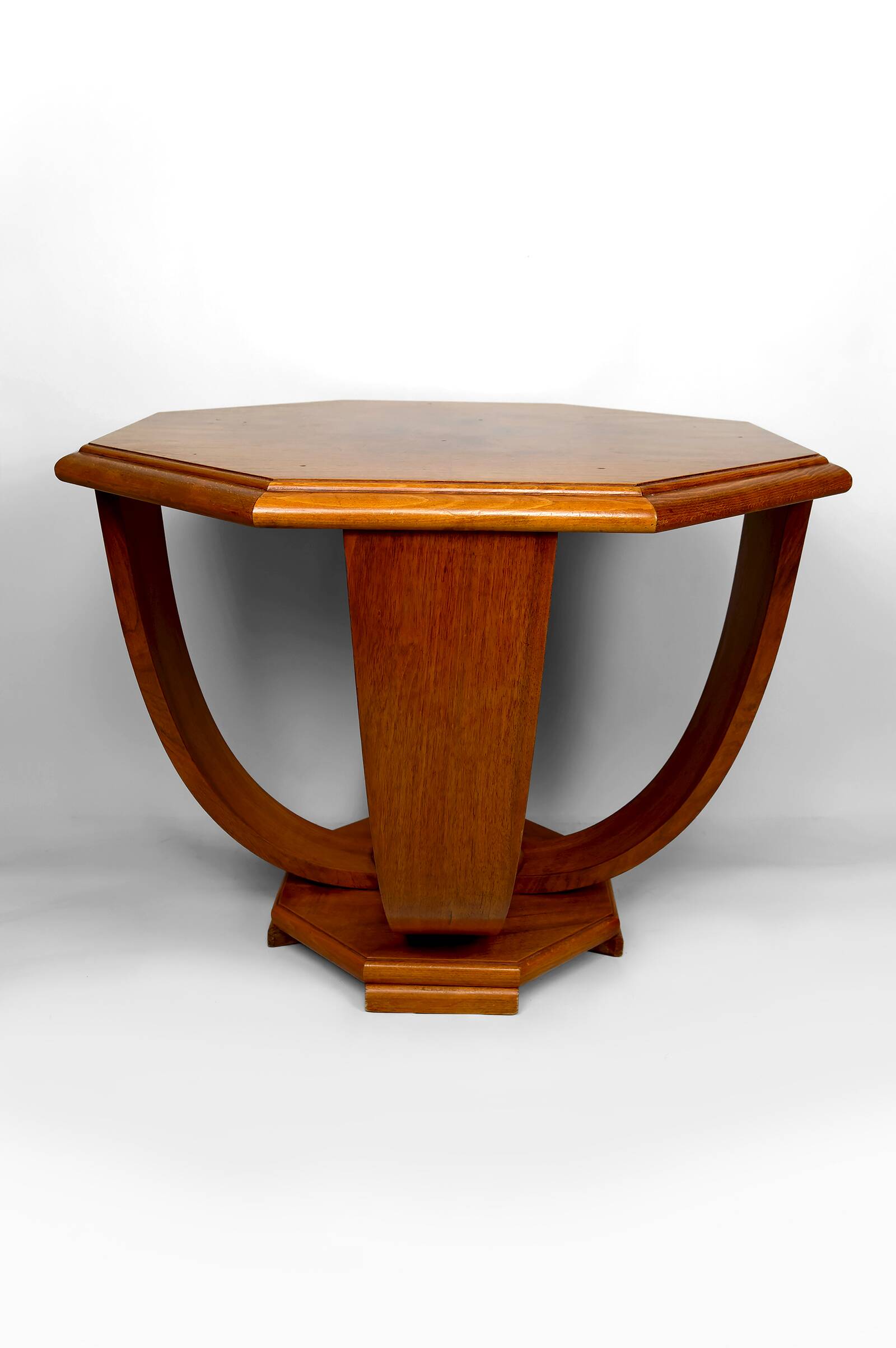 Octagonal Walnut Pedestal Table, Art Deco Modernist, France, c. 1930