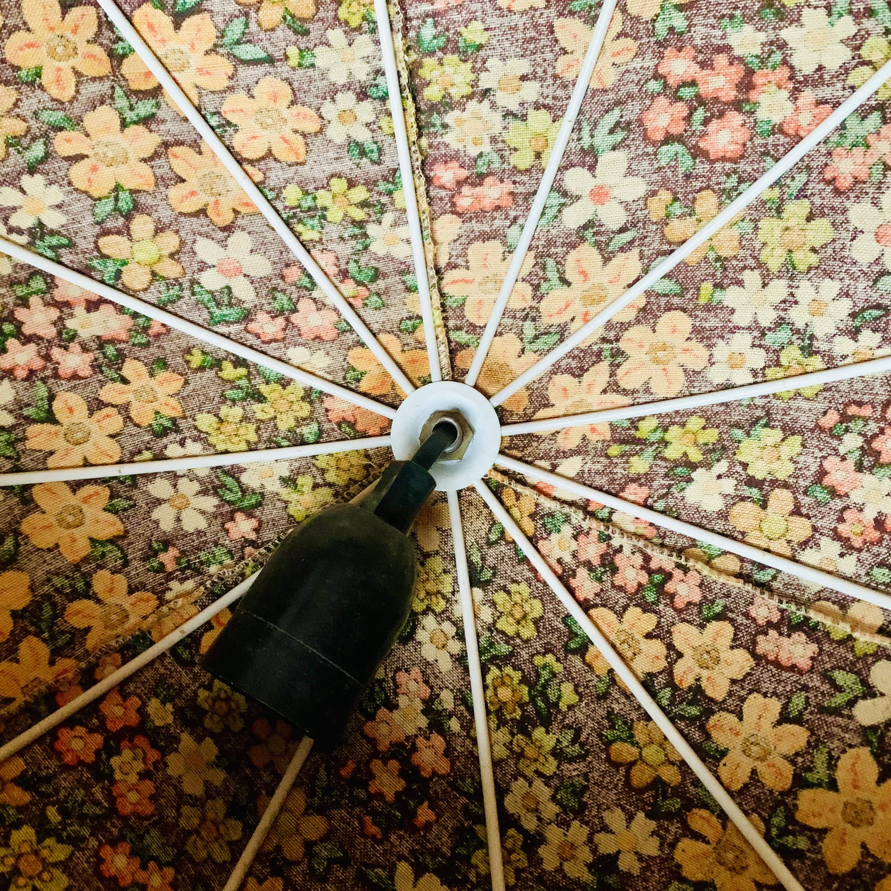 Vintage fringed pendant light in floral fabric - 1970s