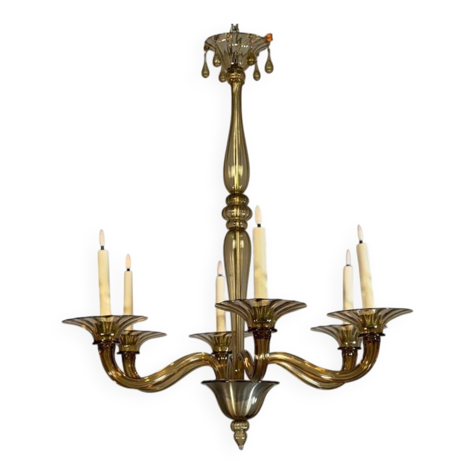 Venetian chandelier in gilded Murano glass by Venini circa 1920, 6 light arms.