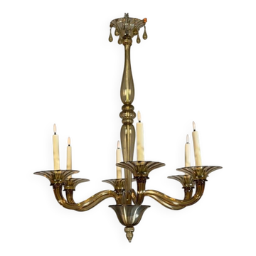 Lustre vénitien en verre de Murano mordoré par Venini vers 1920, 6 bras de lumière