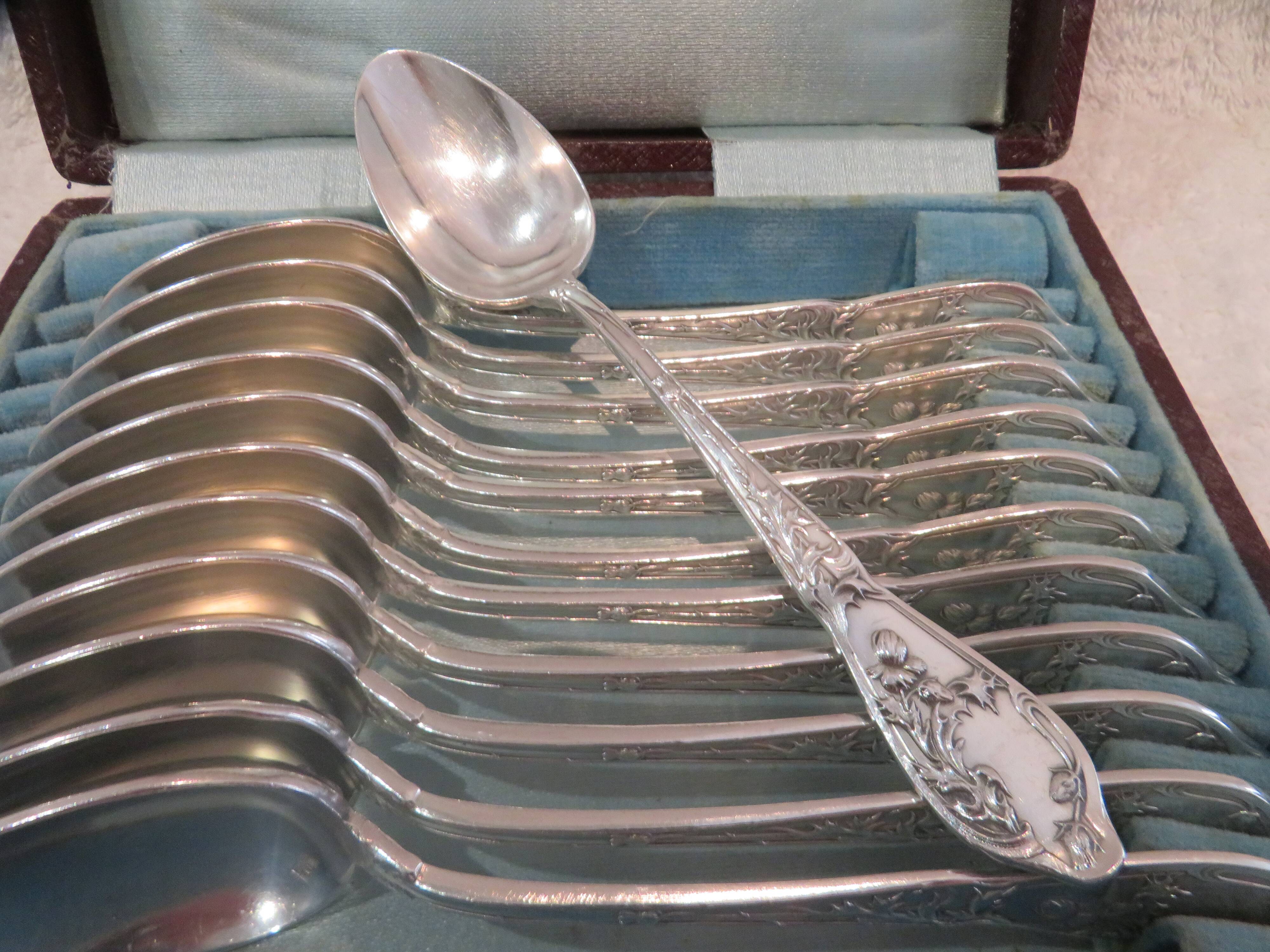 12 silver-plated coffee spoons by Boulenger, Art Nouveau thistles