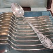 12 silver-plated coffee spoons by Boulenger, Art Nouveau thistles