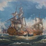 Painting battleship engaged in naval combat world war 2