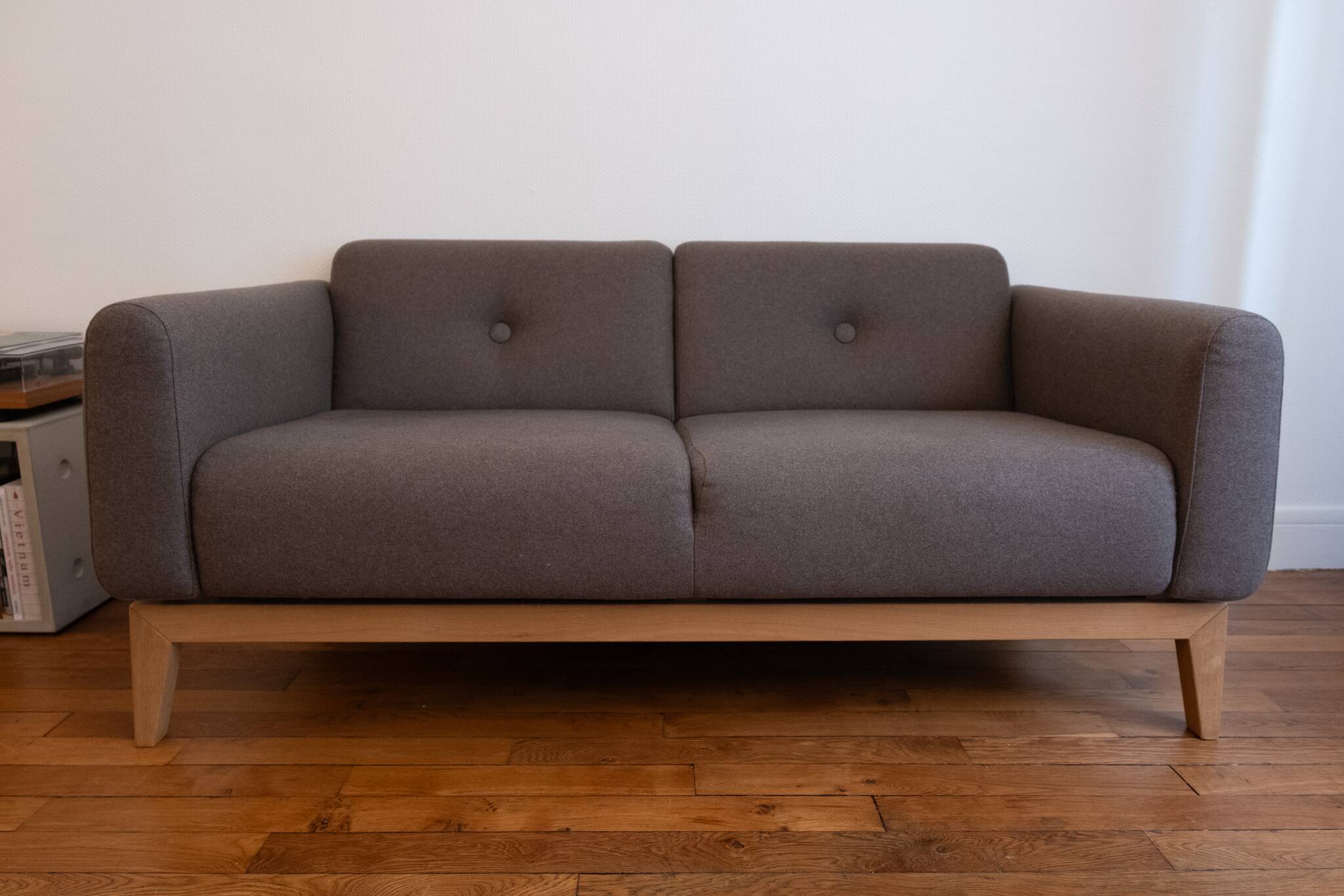 Tikamoon Bjorn sofa in solid oak and brown fabric, 2-seater.