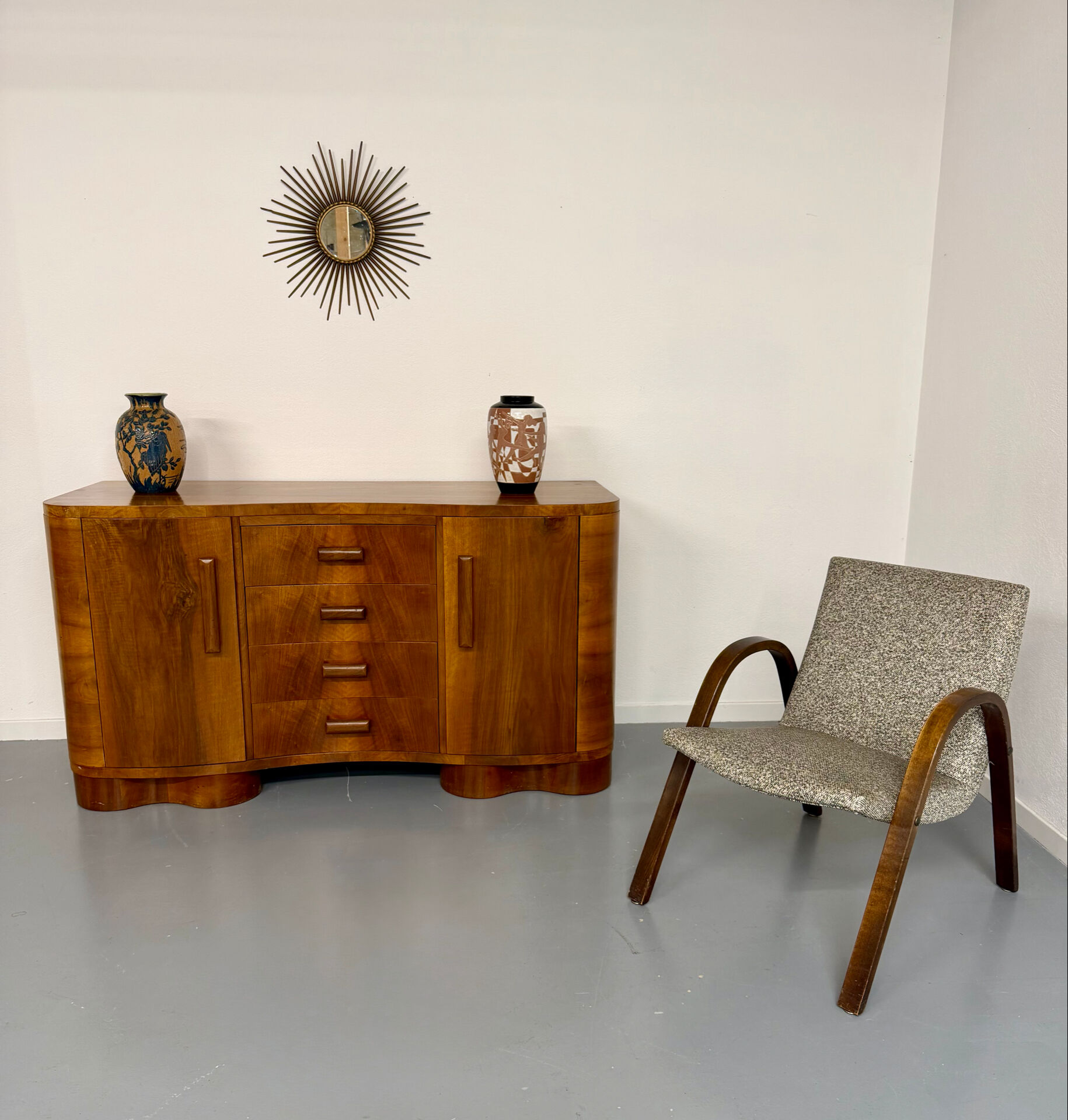 Antique walnut sideboard in Art Deco style from the 1930s.