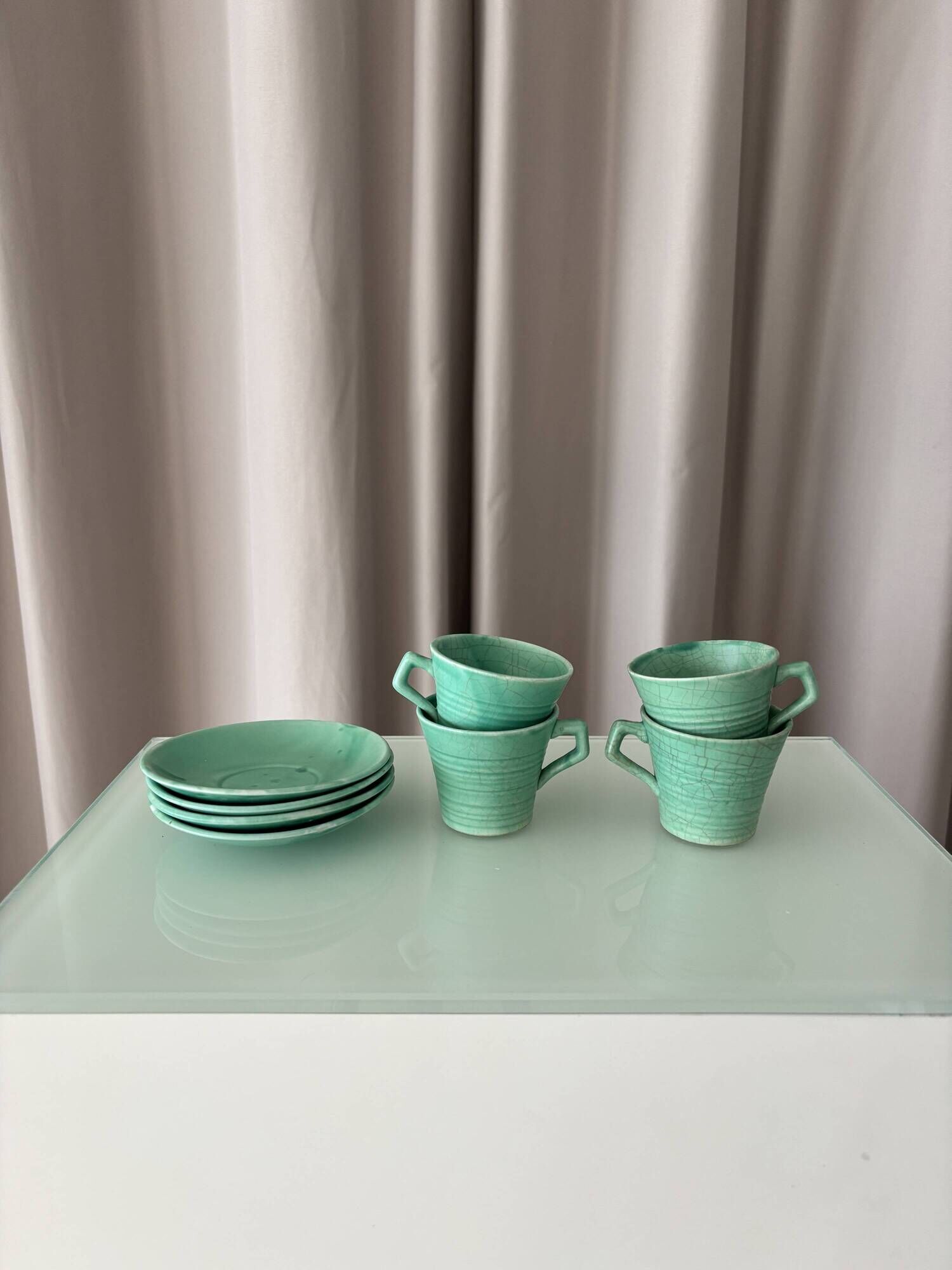 Set of 4 Vintage Jade Green Studio Pottery Espresso Cups & Saucers – Hand G