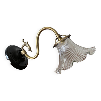 Swan neck wall light in brass with a transparent ribbed glass shade.