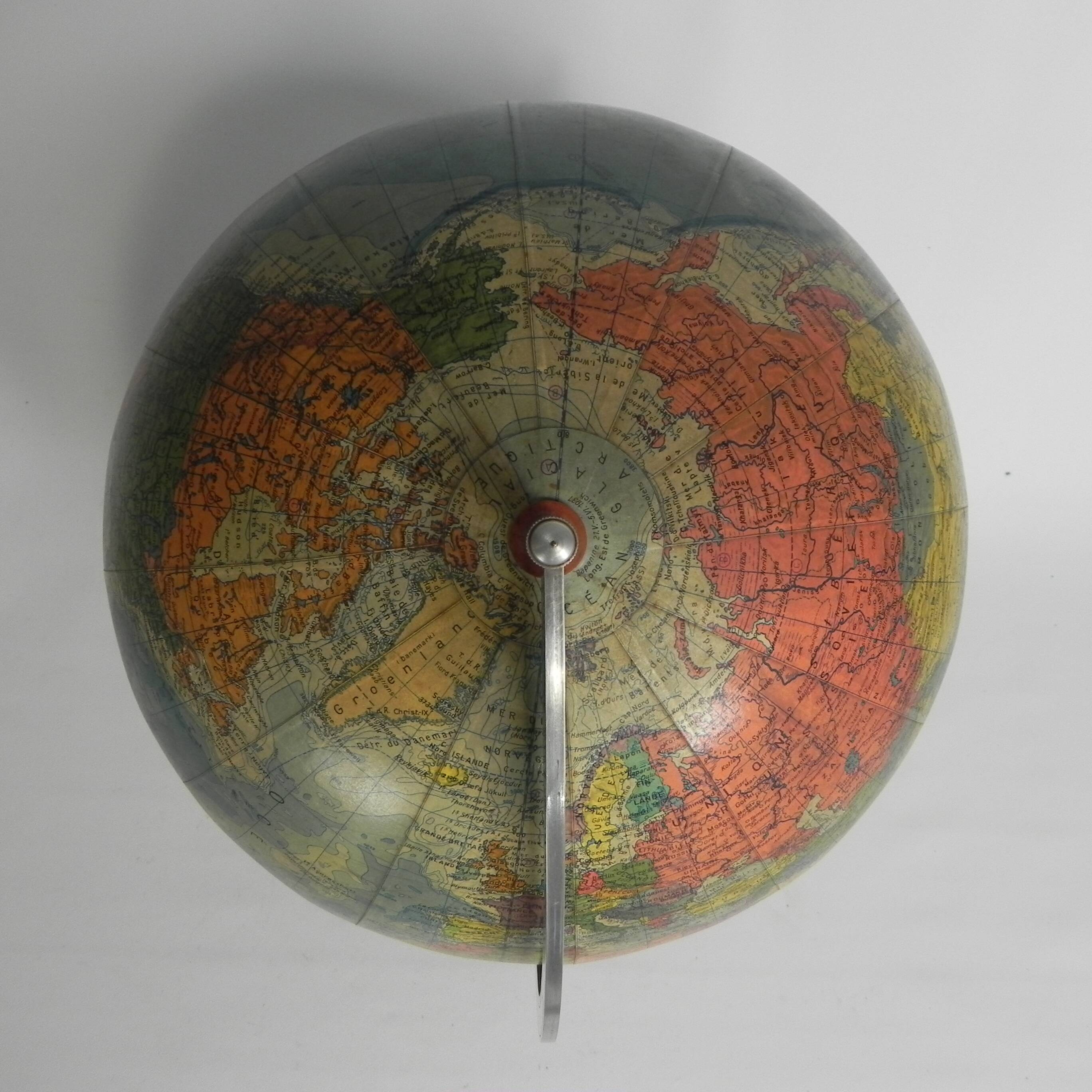 Paper mache globe on wooden base, 1960s