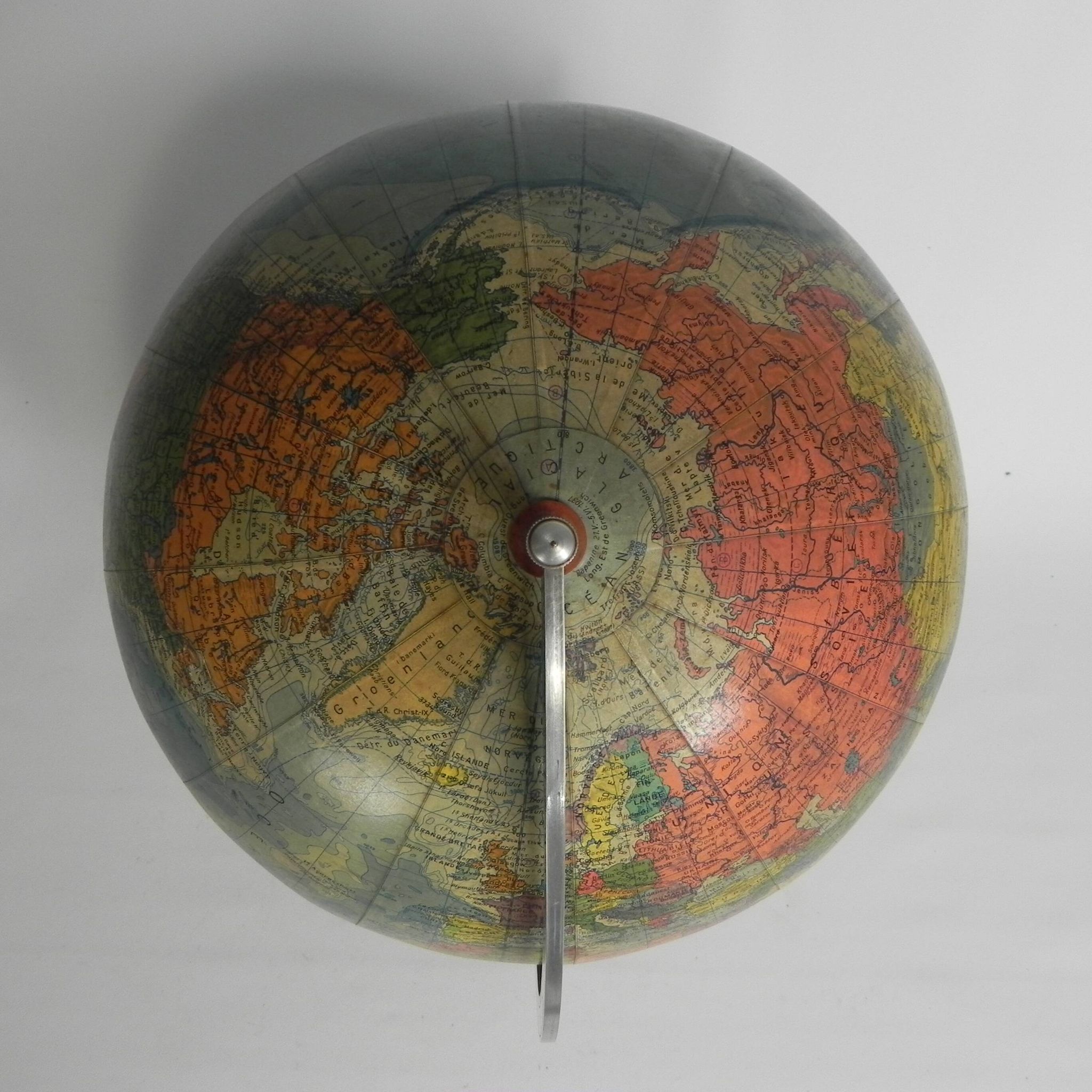 Paper mache globe on wooden base, 1960s