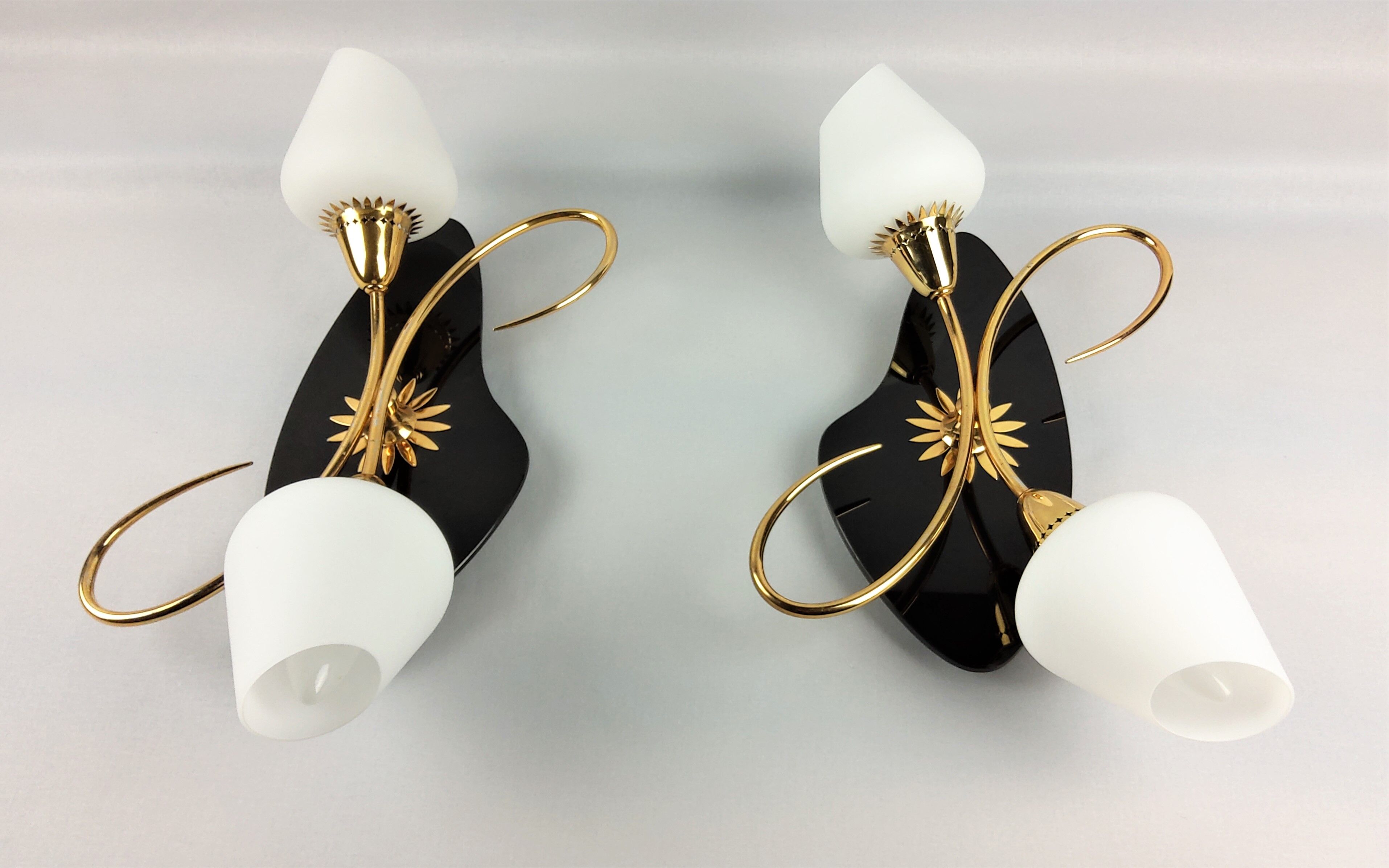 Arlus black and brass opaline sconces 1960