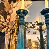 2 Large vintage duck blue wooden candlesticks