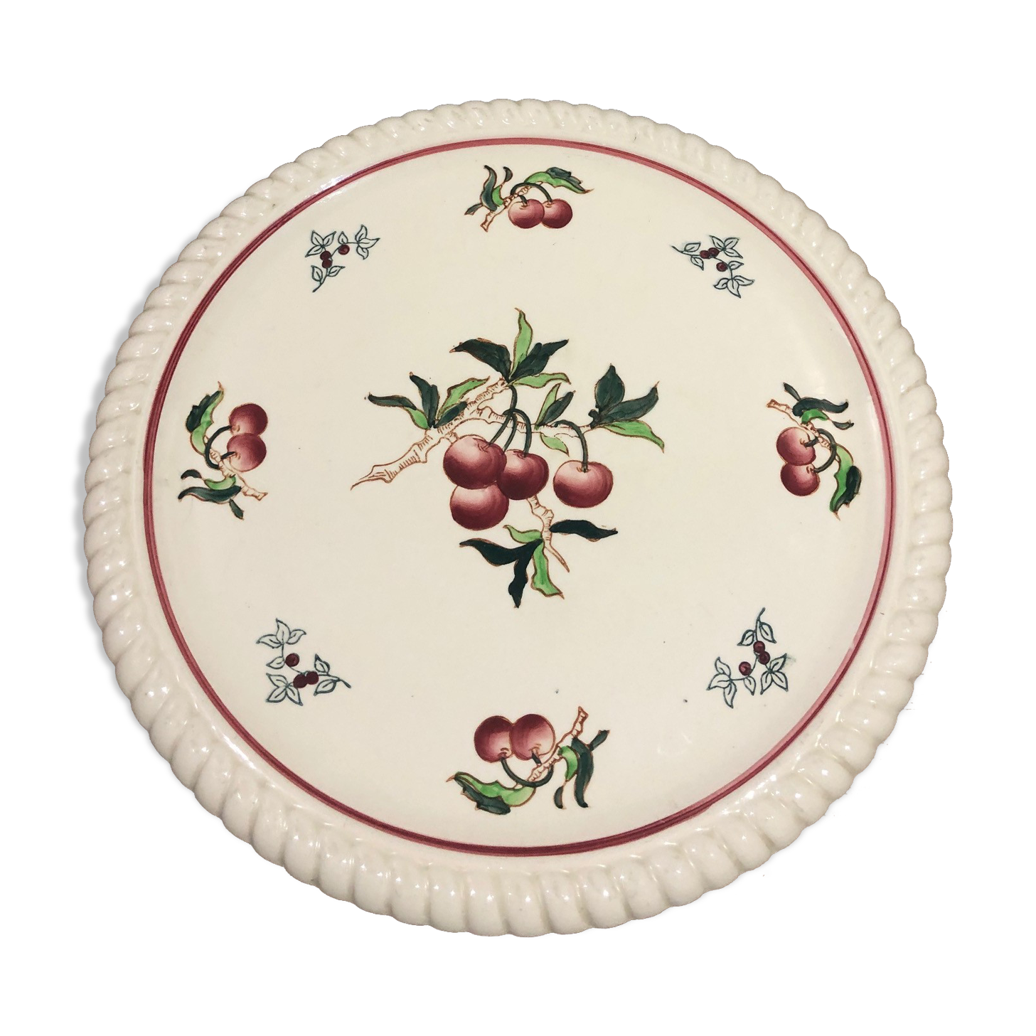Longwy earthenware dish decorated with cherries