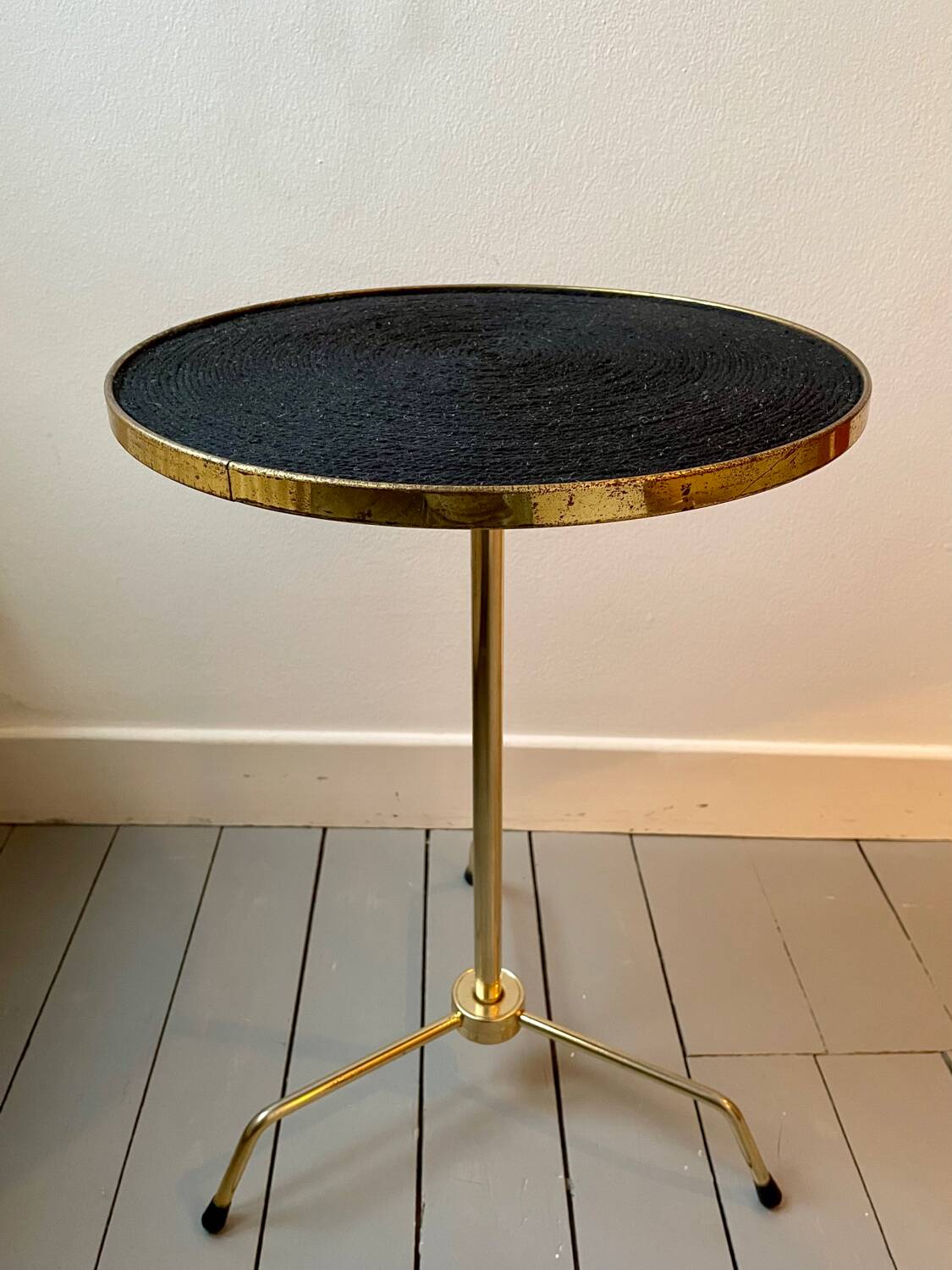 Vintage tripod pedestal table in gold metal