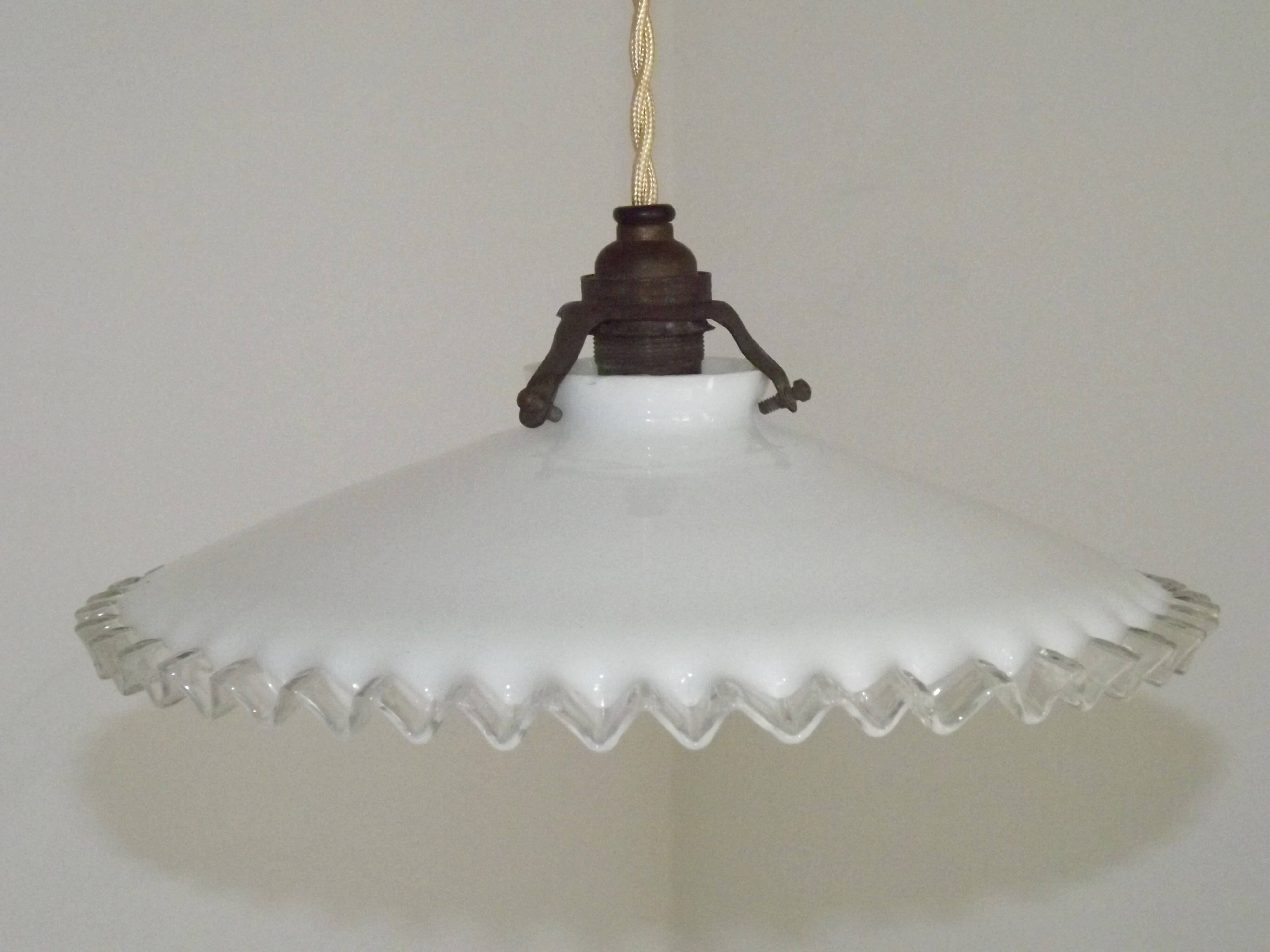 Vintage French Art Deco White Opaline Glass Pendant Light with Frilled Edge 5563