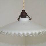 Vintage French Art Deco White Opaline Glass Pendant Light with Frilled Edge 5563