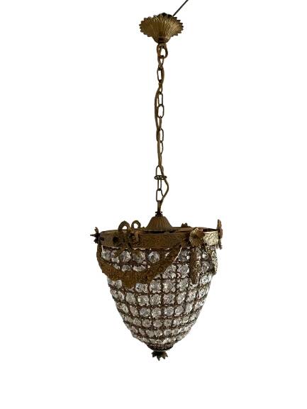 Brass basket chandelier with Louis XVI style pendants.
