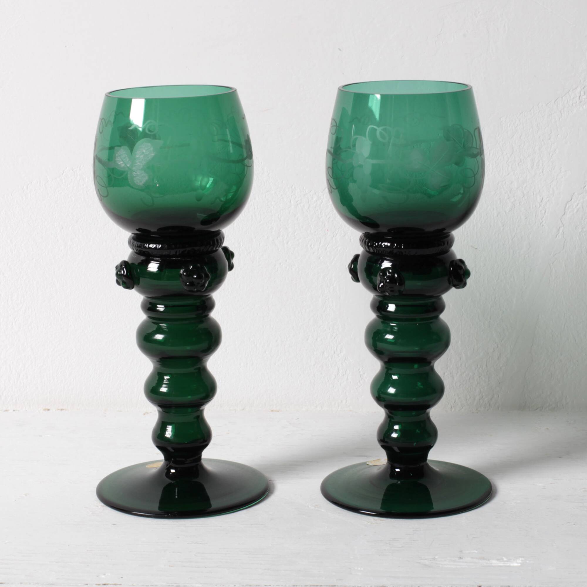 Vintage Emerald Green Wine Stem Crystal Glasses Remmare / Germany / 1960s