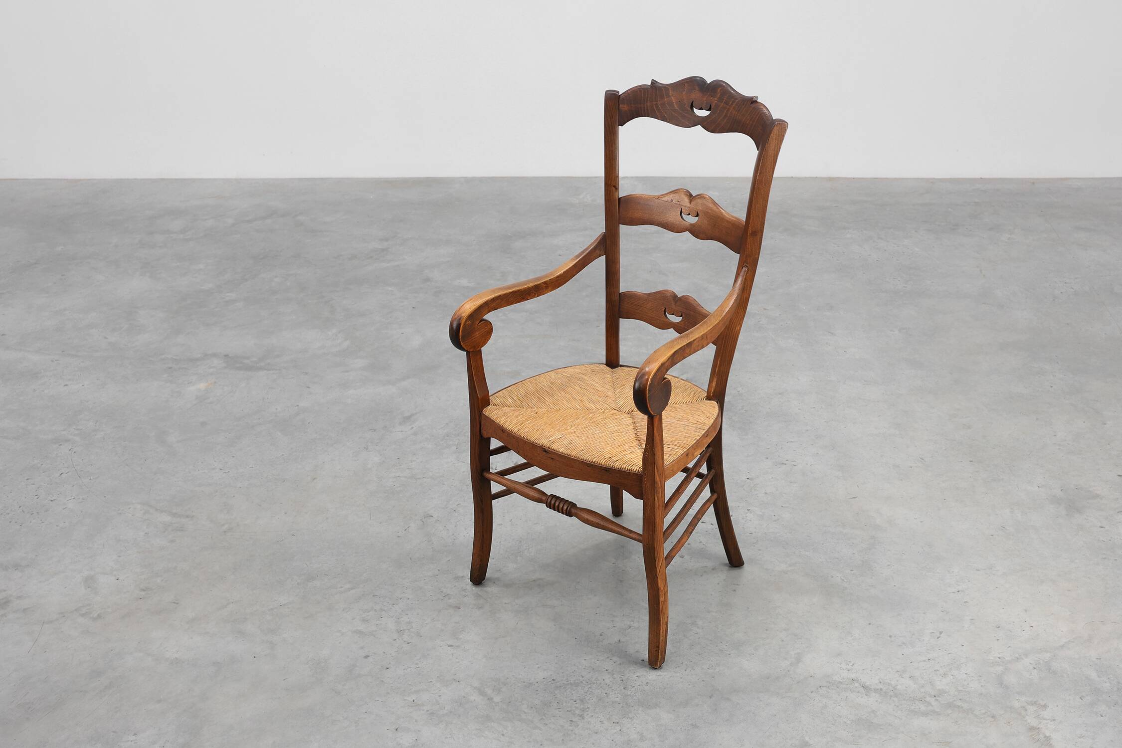 French Provincial Ladder‑Back Armchair with Woven Rush Seat, 19th century