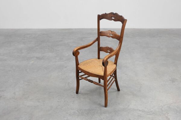 Fauteuil à dossier échelle provincial français avec assise en osier, 19e siècle